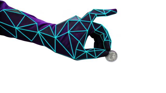 Futuristic polygonal hand holding a coin with glowing neon lines isolated on transparent background