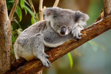 Fototapeta premium Adorable Koala Sleeping Peacefully on a Brown Tree Branch in a Lush Green Forest Under Sunlight Featuring Soft Grey Fur and Fluffy Ears