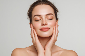 Close-up of a young woman with flawless skin enjoying a moment of relaxation and self-care with closed eyes and gentle smile