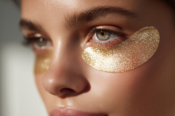 Close-up of a woman with glittery golden under-eye patches for skincare and beauty treatment