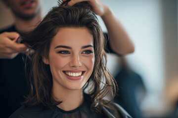 Smiling young woman enjoying a professional haircut and styling session in a modern salon