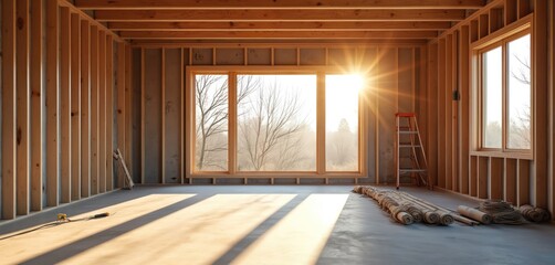 Interior room framing with large window installation. Sunbeams stream through glass, illuminating unfinished space. Wood studs, concrete floor, ladder, rolled materials suggest active construction,
