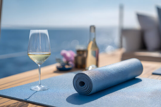 Wine and yoga mat by ocean for wellness and luxury retreat.