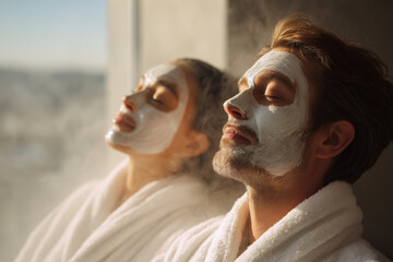 Relaxed couple enjoying a spa day with white facial masks and bathrobes in natural sunlight