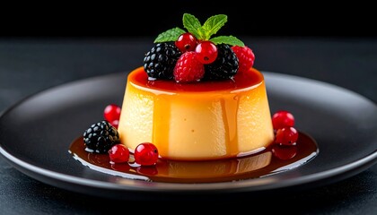 A delectable dessert, a creamy flan, topped with a medley of fresh berries and drizzled with a rich caramel sauce, is presented on a dark plate, creating an inviting visual.