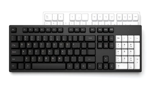 High-angle view of a black and white computer keyboard set, showcasing contrasting color choices and a modern design.