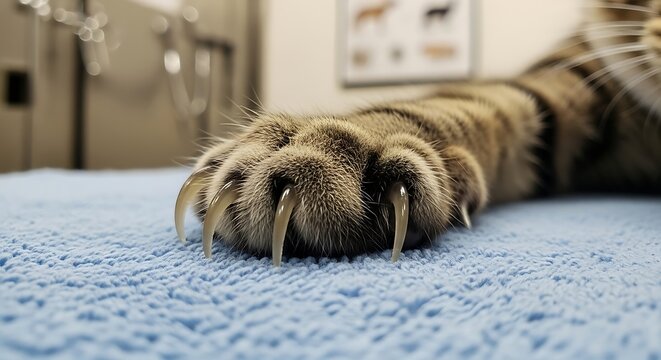 Close-up feline paw displaying formidable claws, posing on soft blue towel in veterinary office