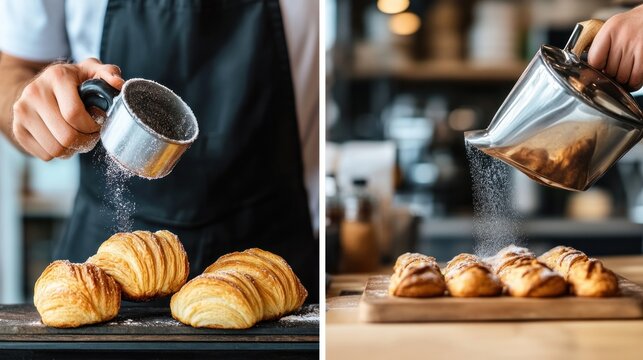 Croissant perfection: A baker's touch of powdered sugar elevates fresh pastries - Powered by Adobe