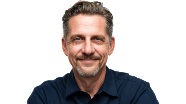Middle aged man with graying hair and beard smiling with blue eyes, cut out transparent - Powered by Adobe