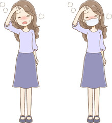 Long wavy-haired woman with fever feeling unwell (full body)