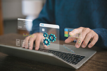 AI automation technology concept with using laptop, showing digital interface of workflow management, analyzing artificial intelligence solutions for modern business productivity. smart AI flowchart