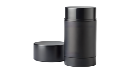 Sleek black cosmetic bottle with cap isolated on transparent background, ideal for showcasing premium beauty and personal care products