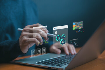 AI automation workflow concept. man using laptop and digital pen, showing artificial intelligence interface, task management, and data analysis for modern business productivity solutions. AI planning