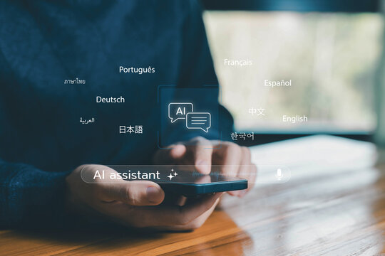 AI assistant on smartphone with multilingual translation, showing global communication in English, Spanish, Chinese, Arabic, and more for digital technology concept. assistant artificial intelligence