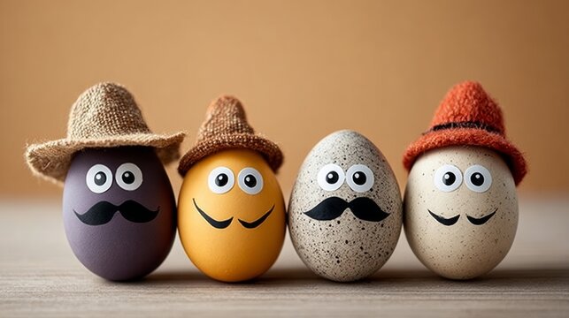 Four eggs with funny faces and hats are arranged in a row. The eggs are all different colors and sizes, and they all have a mustache on their face. The arrangement of the eggs creates a playful