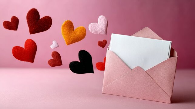 Pink envelope with hearts flying out of it. The envelope is open and the hearts are scattered around it. Concept of love and affection - Powered by Adobe
