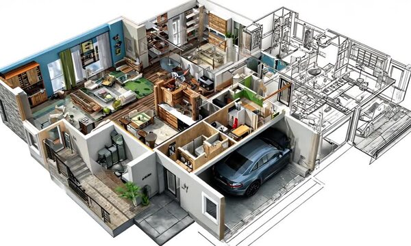 Cutaway 3D house plan showing interior design and a parked car, part sketch outline