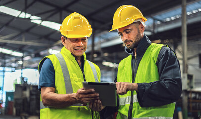 Two men in safety gear are looking at tablet
