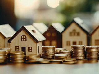 wooden house models placed on increasing stacks of coins