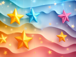 Sky background with pink clouds and colorful hanging stars.