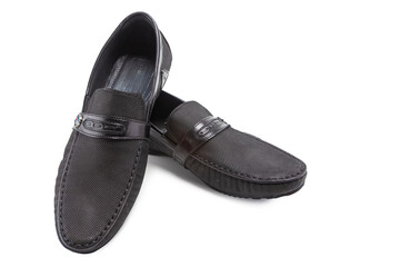 Pair of Stylish Classic Formal Male Black Leather Venetian Slippers Calf Leather Shoes Placed Together Over White.