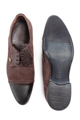 Footwear Concepts. One Pair of Stylish Classic Formal Male Combined Materials  Black and Brown Calf Leather Derby Laced Shoes Placed Together