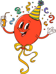 Cartoon groovy birthday character balloon with confetti and drink, vector holiday emoji. Funny groovy balloon in birthday hat with cocktail and happy face for kids party celebration comic character
