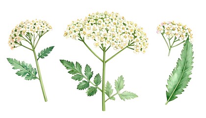 Watercolor illustration of multiple flowering plants with detailed leaves and blossoms.