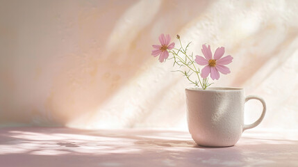 A tiny, delicate Maisonâ€™s flower gently resting against a handmade white ceramic cup