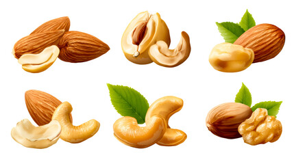 Assortment of Whole and Shelled Nuts with Green Leaves, cut out transparent