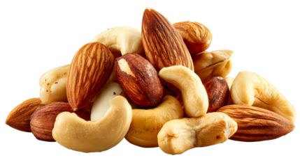 Heap of assorted almonds and cashews with glistening surface, cut out transparent