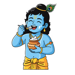 Young Lord krishna eating malai/ cream on a white background