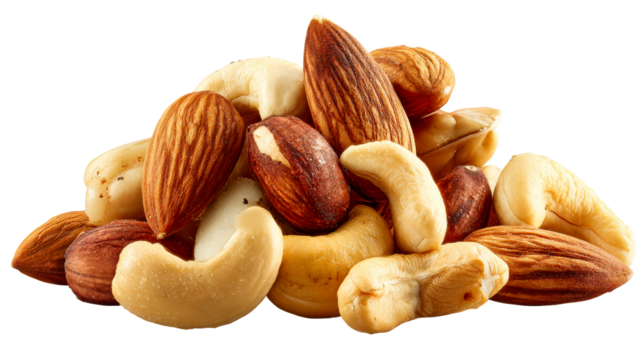 Heap of assorted almonds and cashews with glistening surface, cut out transparent