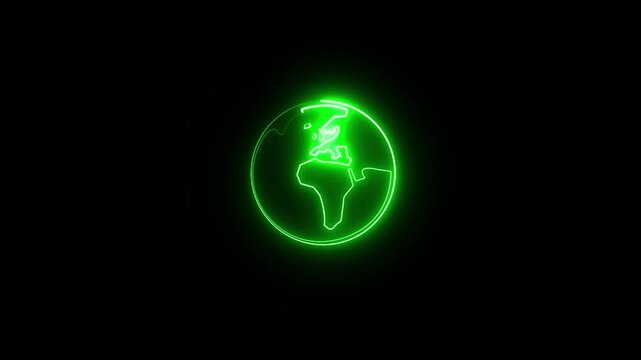 Planet earth map icon neon glowing animation on black background, Futuristic Animation Of Earth, Digital Cyber Globe World 4k video.