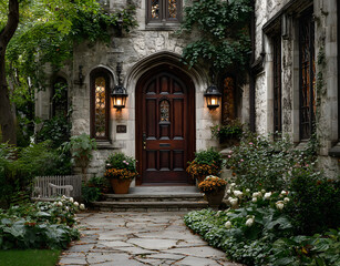 Large dark brown wooden door with stained glass and frosted glass panel. Flanked by potted plants, picket fence, and stone pathway. Lanterns hang above, serene green lawn backdrop.