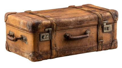 Vintage Leather Suitcase with Worn Texture and Metal Clasps, cut out transparent