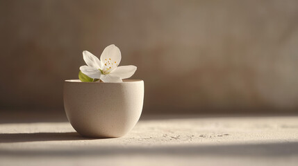 A tiny, delicate Maisonâ€™s flower gently resting against a handmade white ceramic cup. 