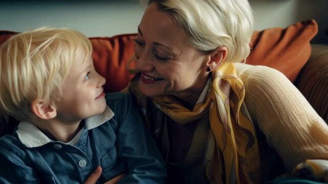 mom and her son are hugging on the couch; cozy regular house interior