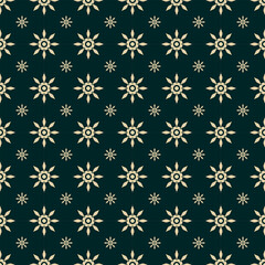 A Seamless Flowers patterns with design features repeating beige sunburst-like floral motifs set against a deep green background. Each element resembles