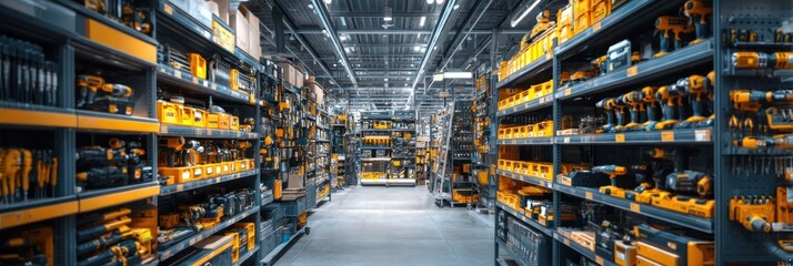 Isle view of tools and equipment on shelves in a hardware store warehouse