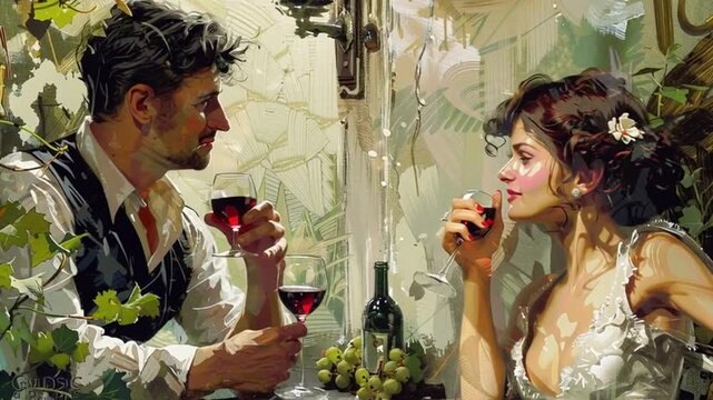 beautiful, young brunette couple - man and woman are drinking red wine / cognac and flirting; oil paint aesthetic animation with copy space