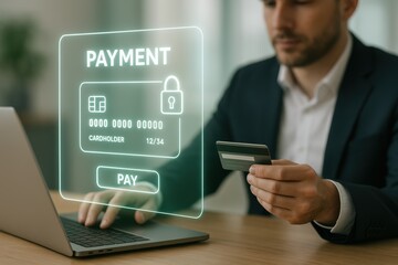 Secure Transaction: A focused individual conducts a financial transaction on a laptop, with a credit card in hand, symbolizing secure payment processing and digital financial technology.