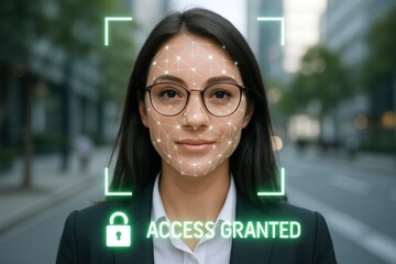 Facial Recognition: The image showcases a young woman’s face, with a biometric scan overlay confirming access granted. A futuristic depiction of identity verification.
