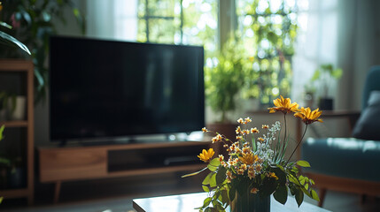 Front view of a living room during midday. The space is softly lit with natural daylight streaming in, creating a bright yet studio-like lighting effect. 