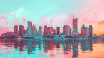 Fototapeta premium Vibrant Urban Skyline Reflection at Sunset with Colorful Clouds