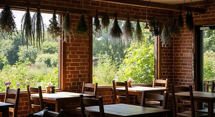 Fototapeta premium Rustic cafe interior with brick walls, herb decorations, and a garden view