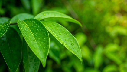 Close-up view of lush green leaves covered in dew drops, showcasing a vibrant and refreshing natural scene.