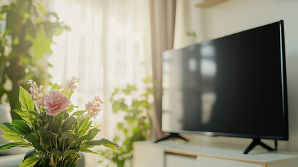 Front view of a living room during midday. The space is softly lit with natural daylight streaming in, creating a bright yet studio-like lighting effect. 