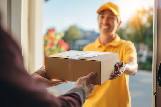 Friendly delivery person handing a package to a customer during a sunny day at the doorstep