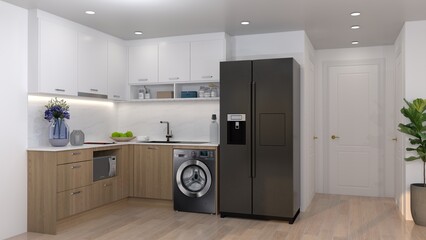 Modern Kitchen Interior with Wooden Cabinets, Black Refrigerator, and Washing Machine